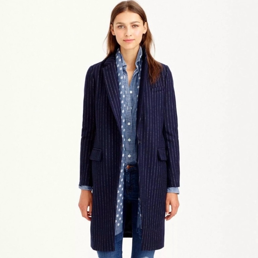 J. Crew Navy Blue Melton Wool Pinstripe Topcoat